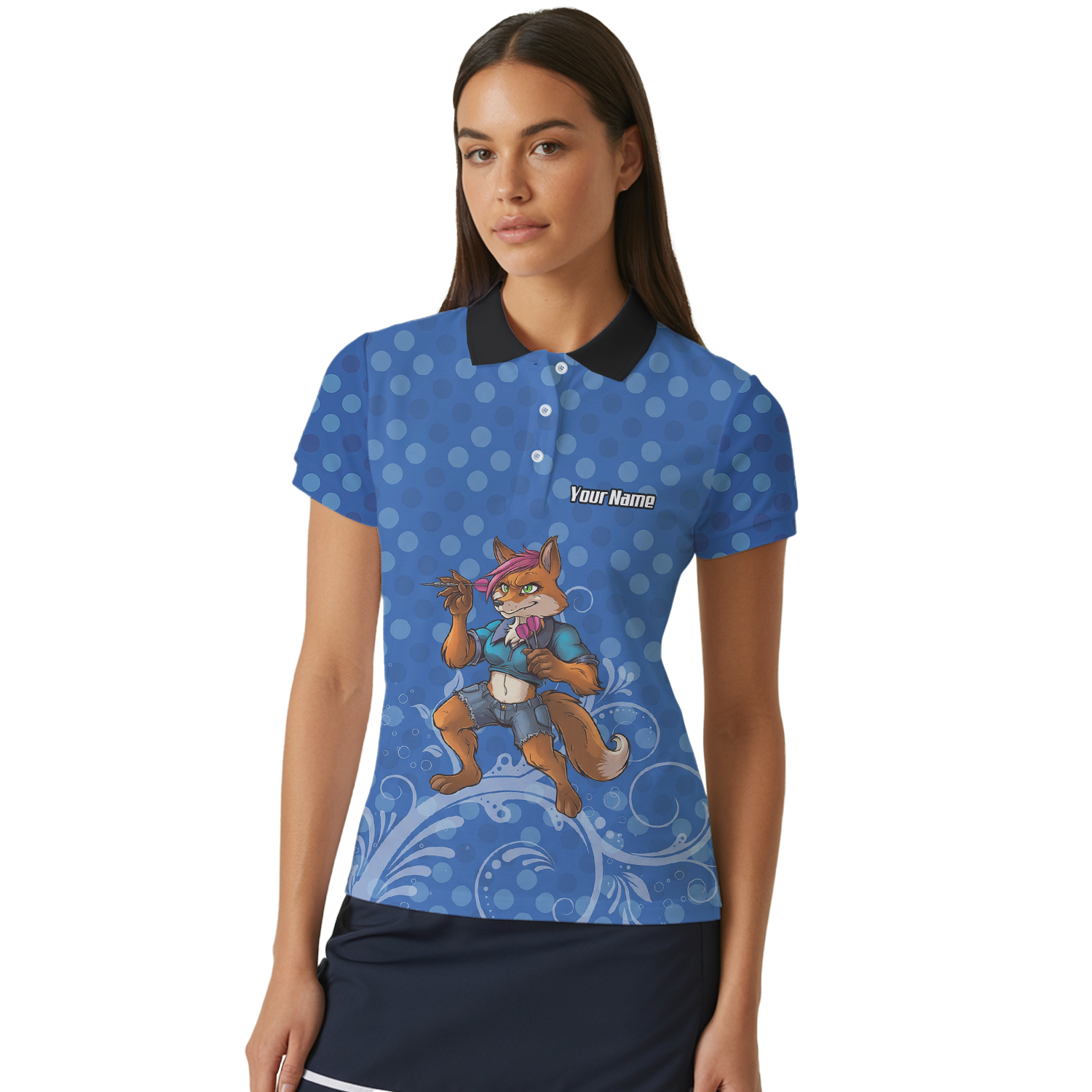 Personalised Fox Dart Jersey Polo and Zipper Blue Polka Dot For Women Y9578