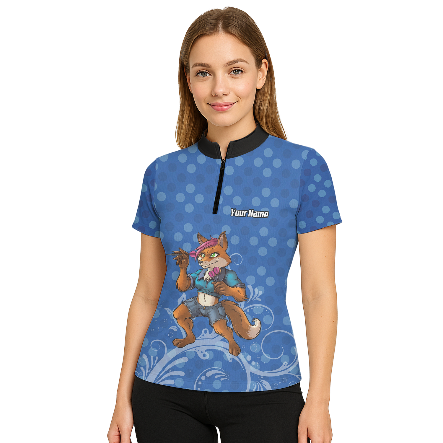 Personalised Fox Dart Jersey Polo and Zipper Blue Polka Dot For Women Y9578