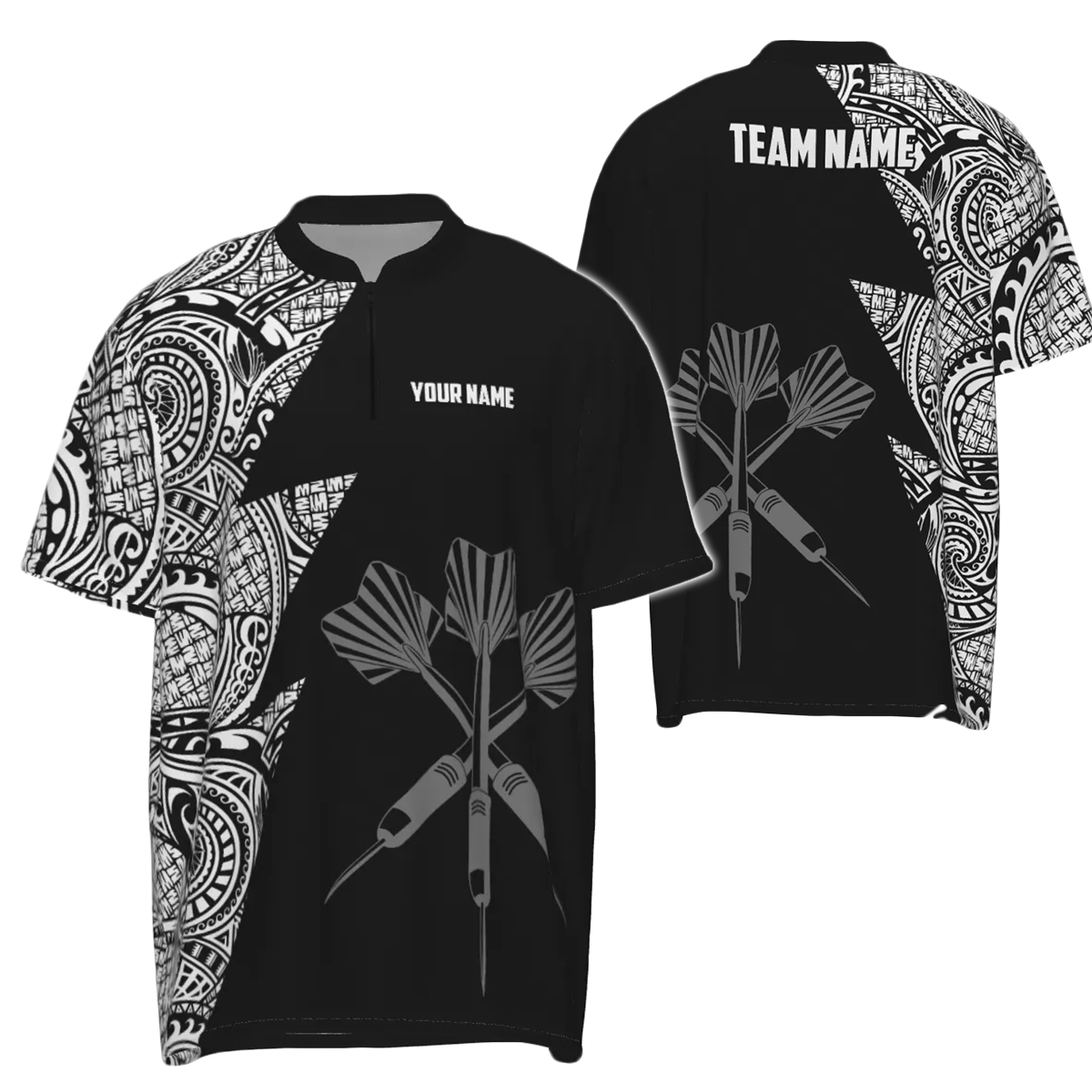 Darts-shirt met kwartrits voor heren met bliksem-tribalpatroon in zwart en wit - Darts Jersey D896