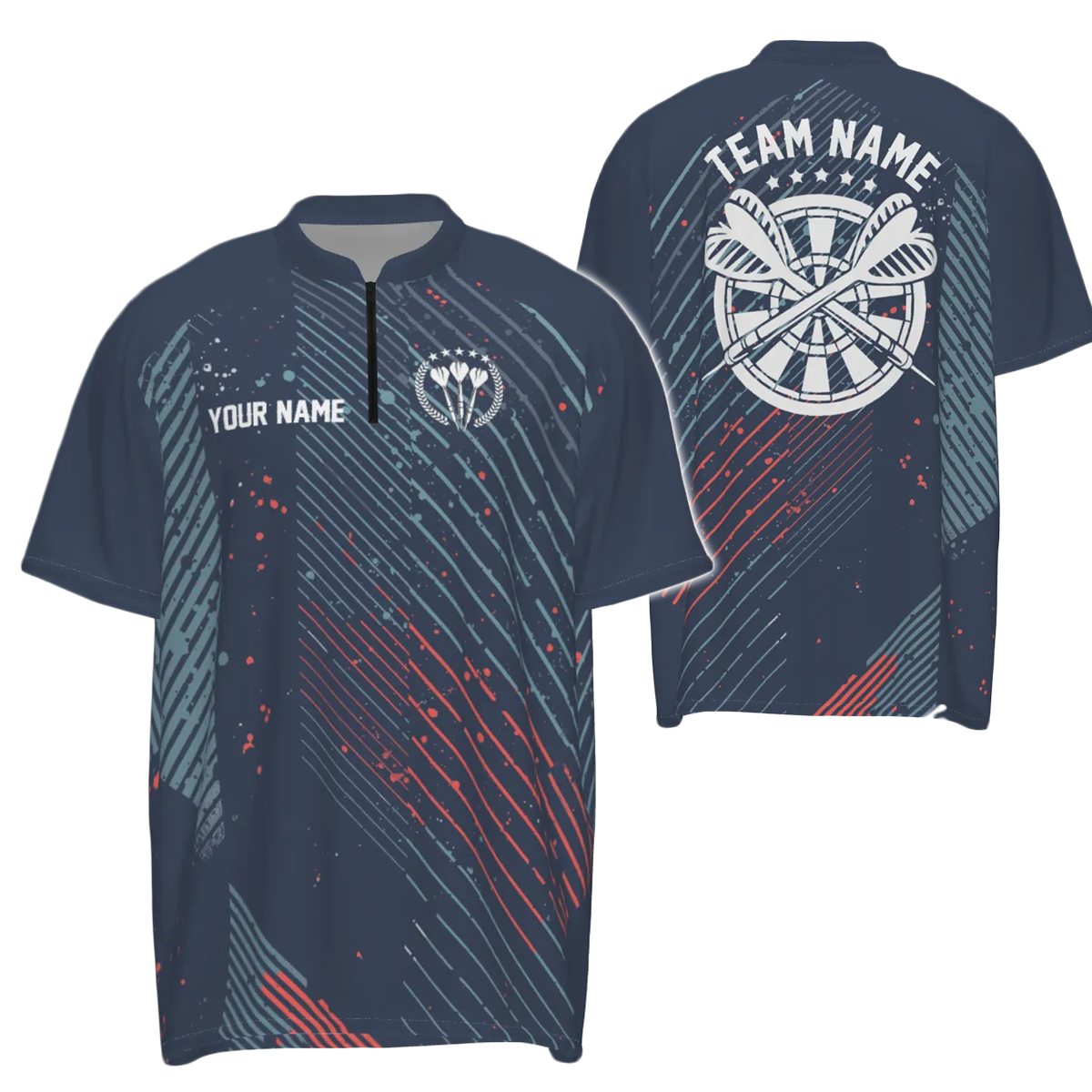Men's Darts Quarter-Zip Shirt with Red Blue Geometric Pattern - Navy Darts Jersey C806