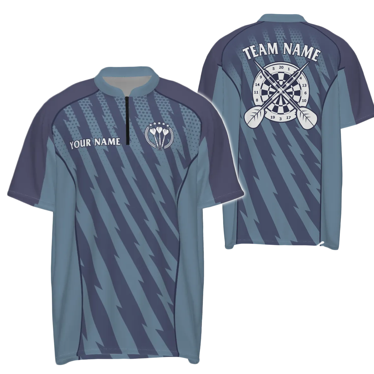 Men's Darts Shirt with Blue Gradient and Lightning Design, 1/4 Zip Dart Jersey P8126
