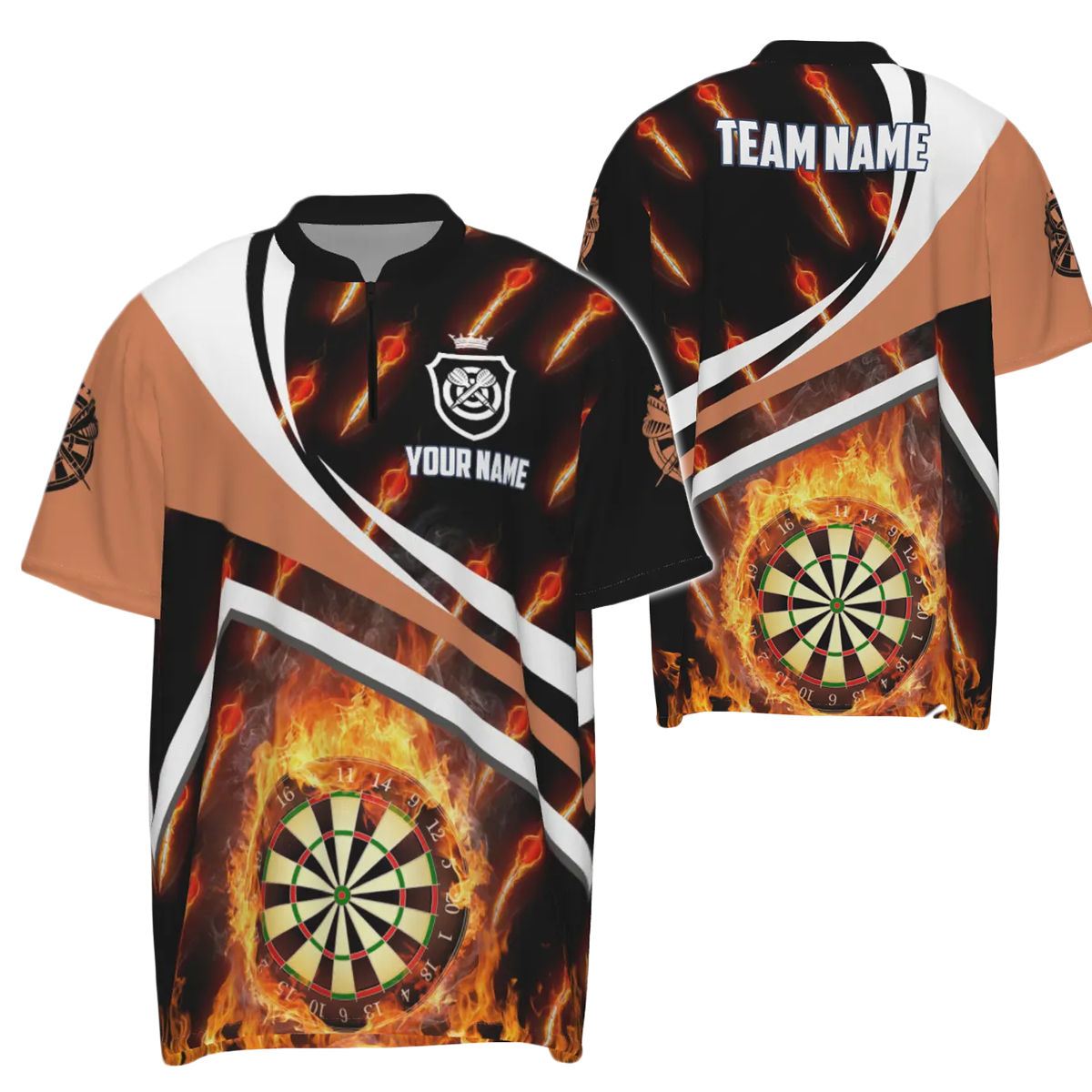 Orange Fire Flames 1/4 Zip Shirt for Men, Darts Shirt, Darts Jersey Z875