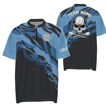 Blauw Skull Darts shirt met 1/4 rits - Dartshirt heren - Dartshirts U315