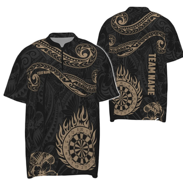 Dartjersey heren Y732 - Gepersonaliseerde gouden Hawaïaanse tribale vlammen, shirt met 1/4 rits