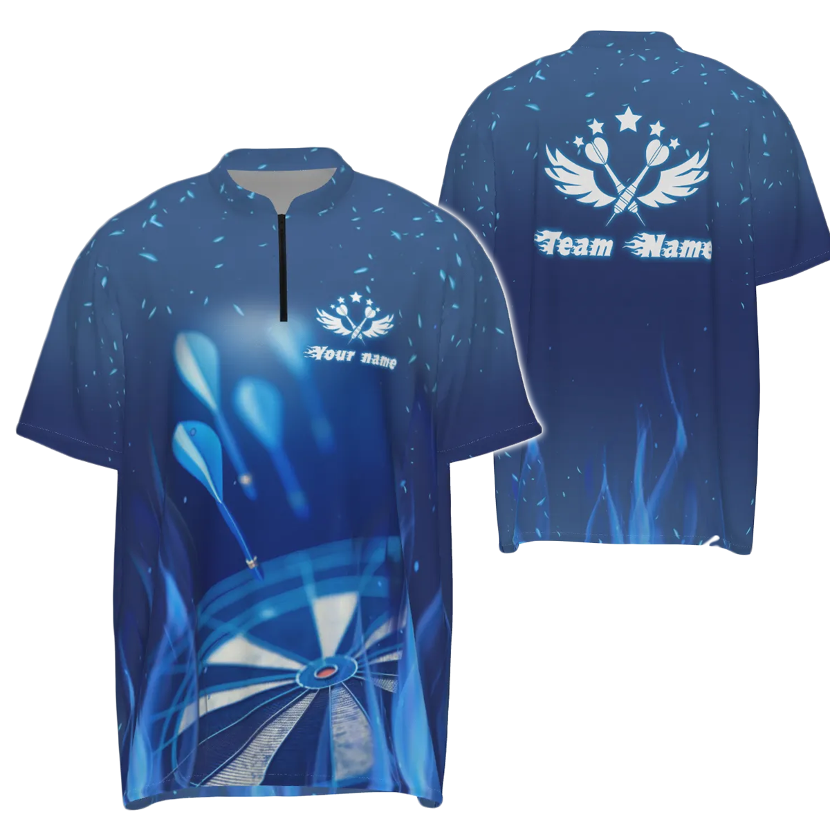 Dart-shirt met kwartrits voor heren met blauwe vuurvlam en ster, Cool Dart Jersey V481 z