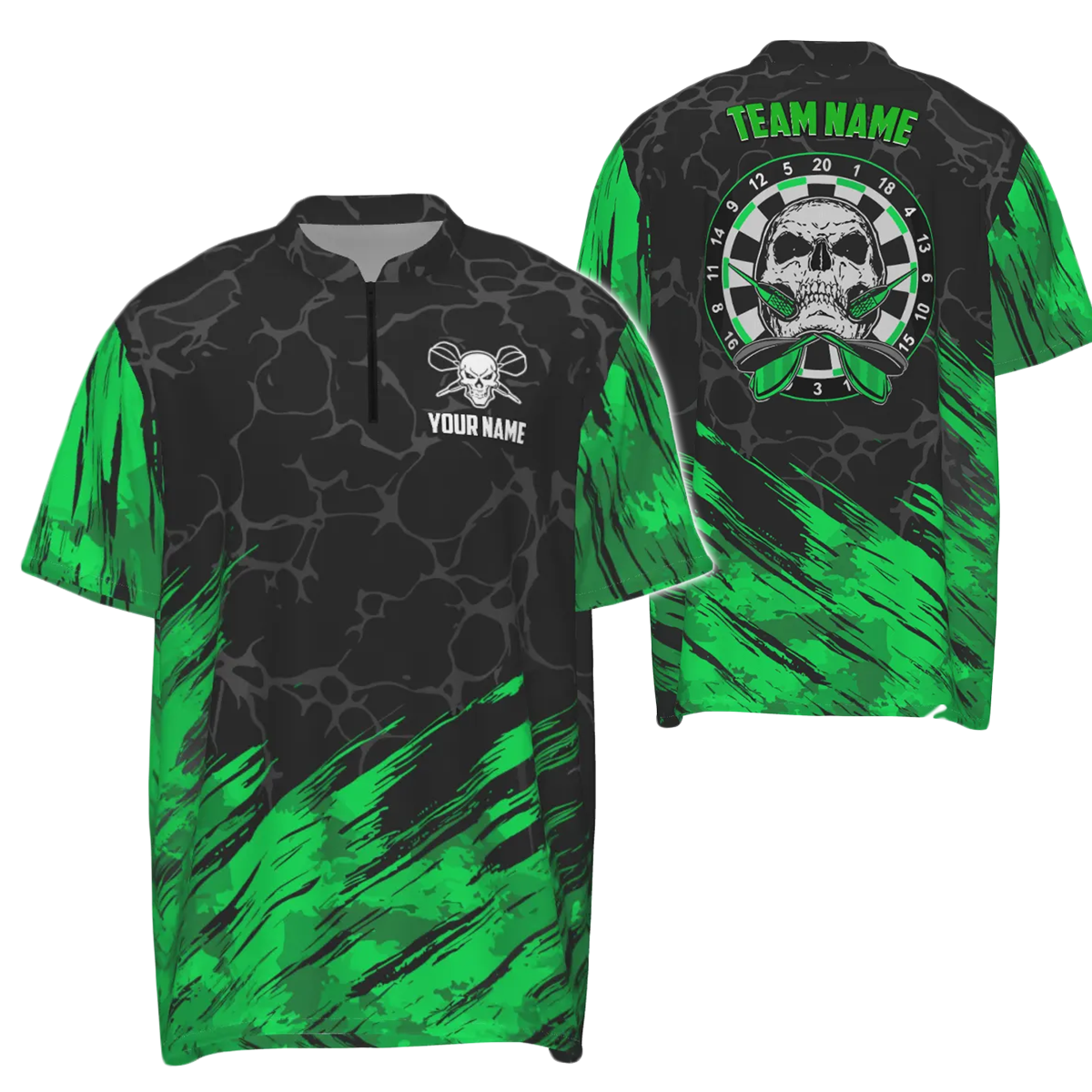 3D Skull Darts shirt met kwartrits voor heren in groen en zwart, dartshirts t6853