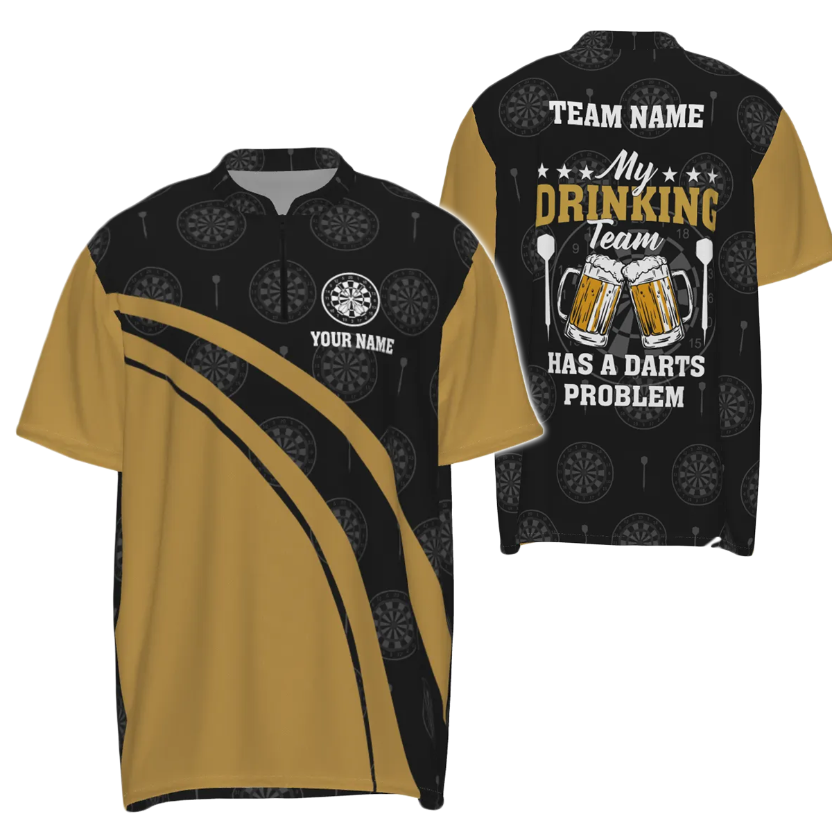 Zwart herenshirt met kwartrits voor mijn drinkteam met bierpijltjes - Zwart en gele dartsjersey F489