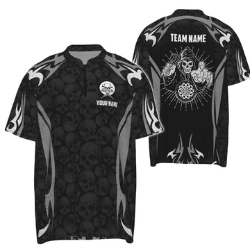 Zwartgrijs Darts Skull Reaper shirt met 1/4 rits - Dartshirt heren T6890