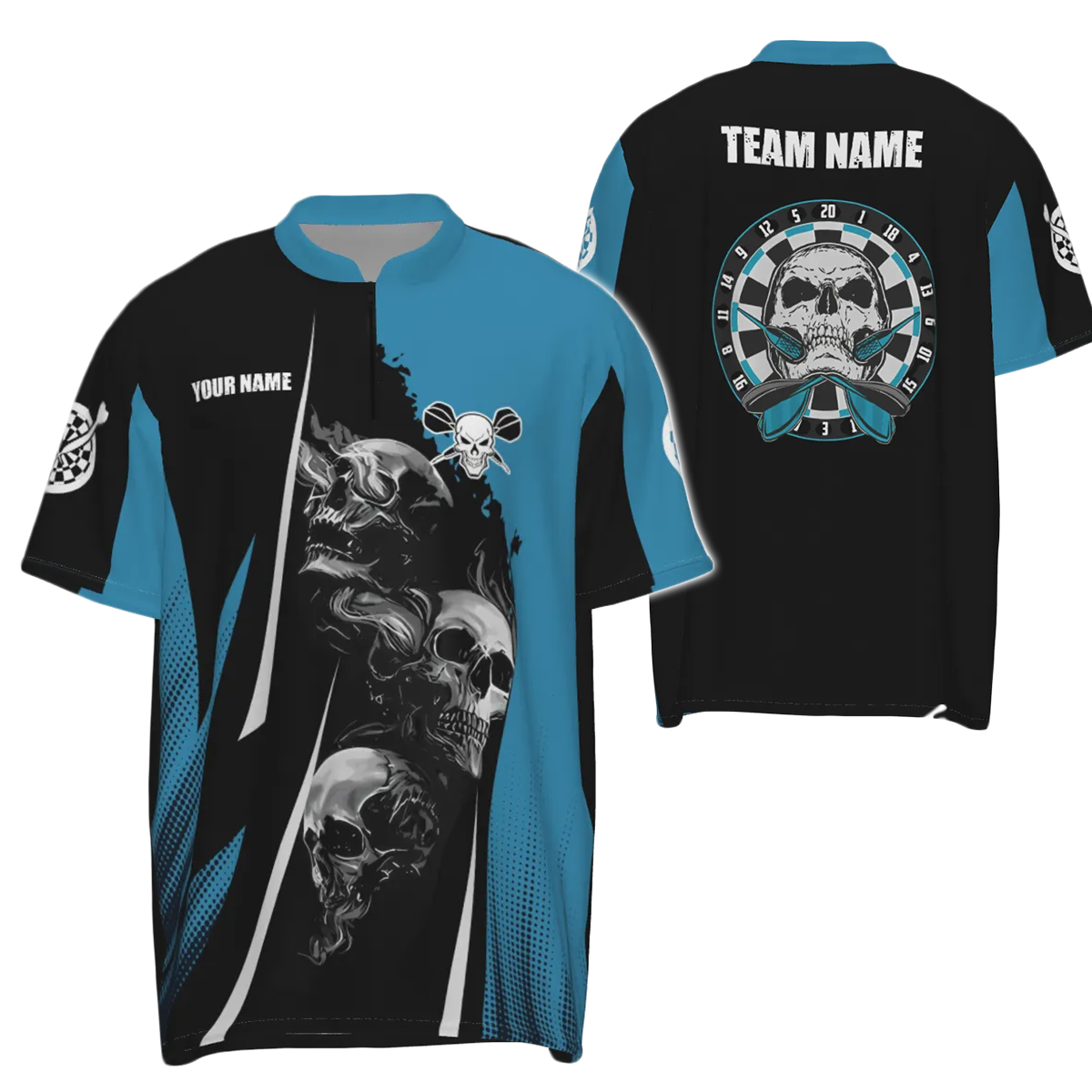 Dartshirt voor heren met kwartrits en doodshoofdmotief - Zwart en blauw Dart Jersey J898