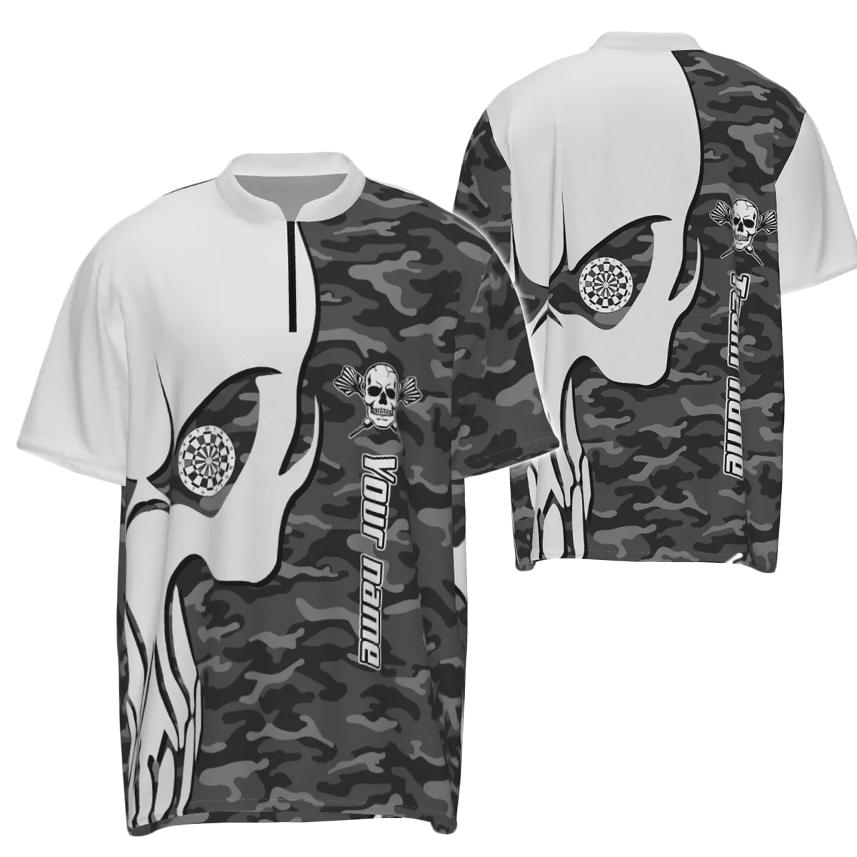 Men's Gray Camouflage Skull Darts Quarter-Zip Shirt, Personalized Dart Shirt, Dart Jersey M636