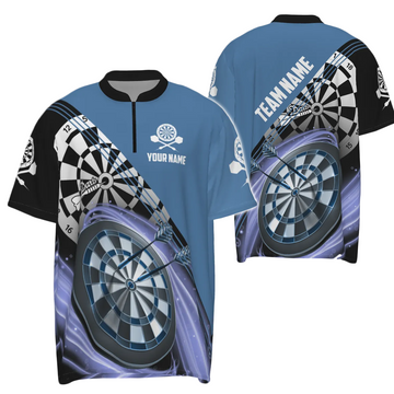 Blauw Darts-shirt met 1/4 rits voor heren met aangepaste naam - Gepersonaliseerde dartshirts voor heren - Dart Jersey U895