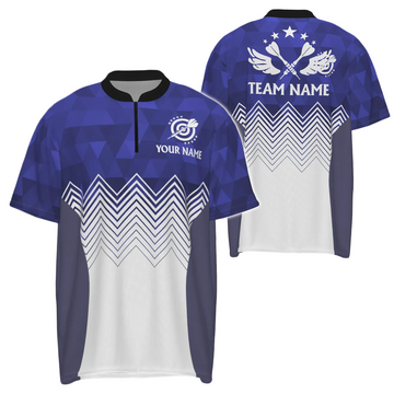 Men's Custom Design Darts Shirt - Blue and White Abstract Pattern - 1/4 Zip - Adjustable Darts Jersey I931