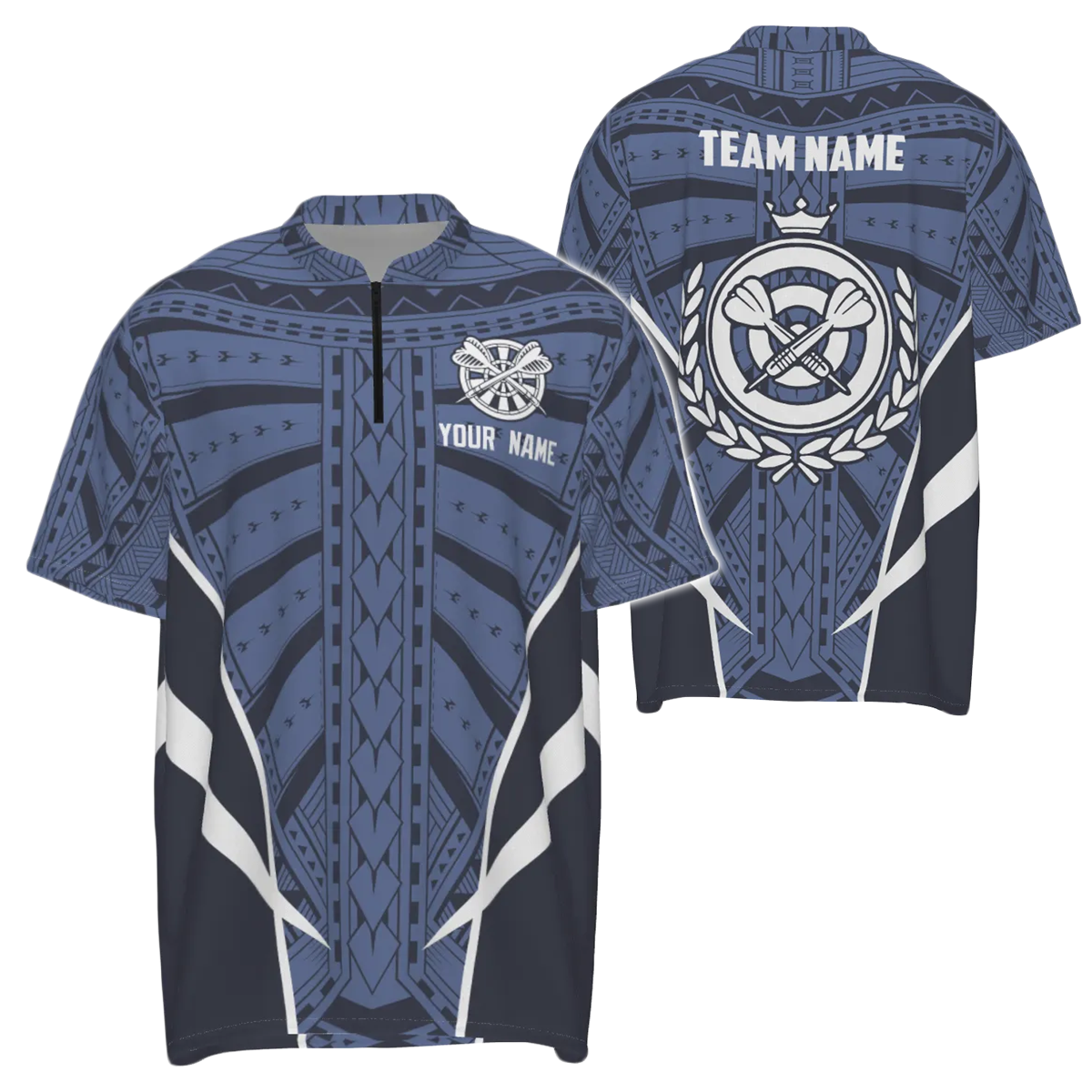 Dartshirt voor heren met blauw tribalpatroon, dartjersey met 1/4 rits A361