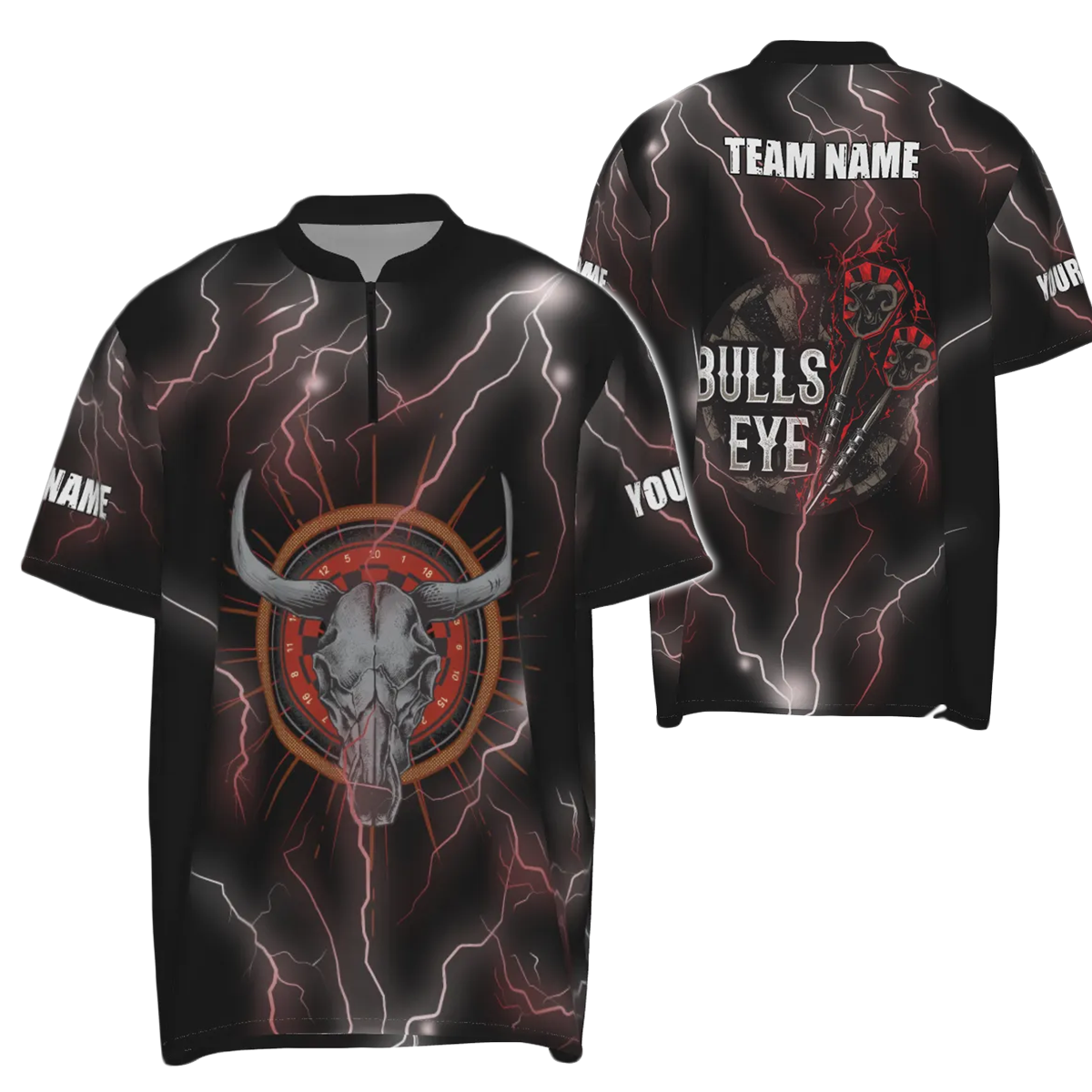 Bulls Eye Darts 1/4 Zip Shirt for Men - Rotes Blitz Donner Stier Schädel Darts Trikot I15