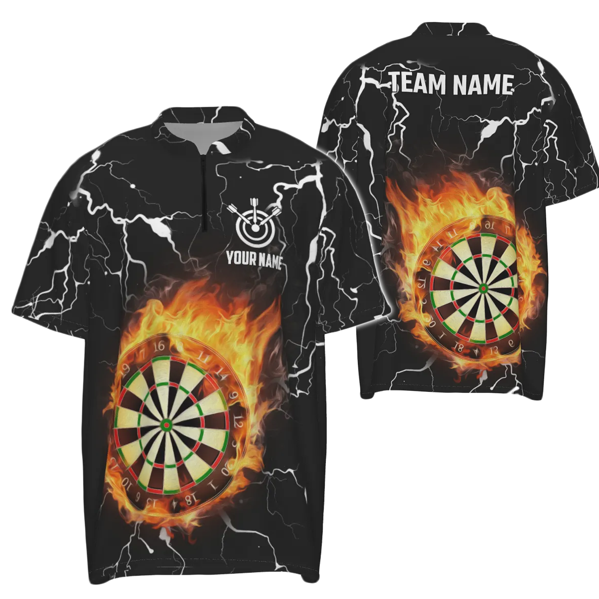 Dartshirt met vlammenontwerp, Thunder Lightning dartshirt met 1/4 rits voor heren, dartshirts g2754