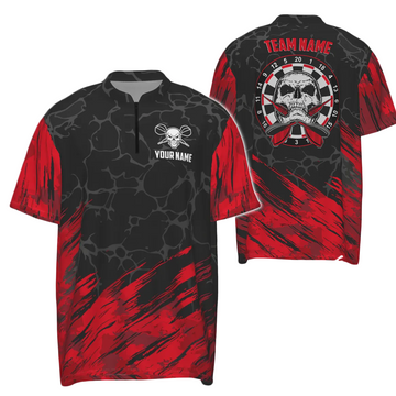 3D Skull Darts shirt met kwartrits in rood en zwart, dartshirts heren H6162