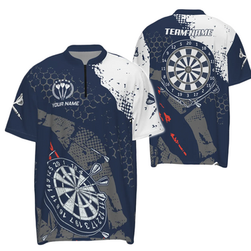 Retro Darts Quarter-shirt voor heren met marineblauw en wit patroon - Perfect Dart Team Jersey W767