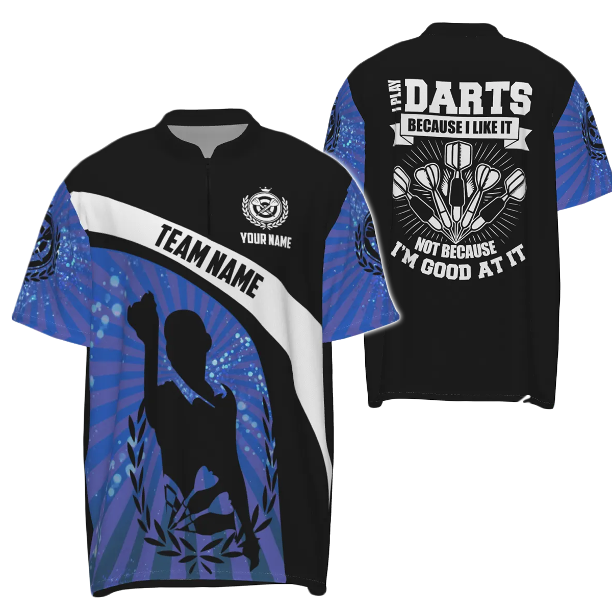 Blauw gestreept Dart-shirt met kwartrits voor heren met Halo Darts-ontwerp - M763 Dart-shirts voor heren