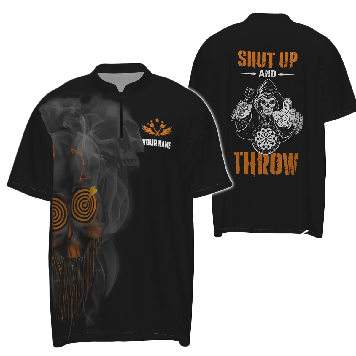 Heren Skull Darts 1/4 Zip Shirt - Halloween Oranje Dartshirt voor Heren - Dartshirts Y415