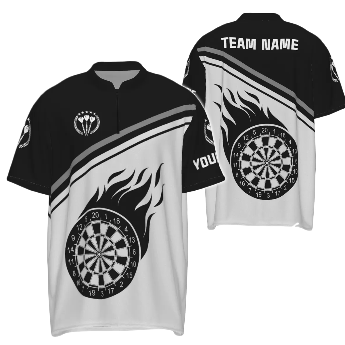 Zwart-wit Flame Dart-shirt voor heren, 1/4 rits met naam - Gepersonaliseerde Dart Jersey d0971