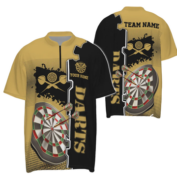 Geel en zwart Darts shirt met kwartrits voor heren - Gepersonaliseerde dartsjersey C677