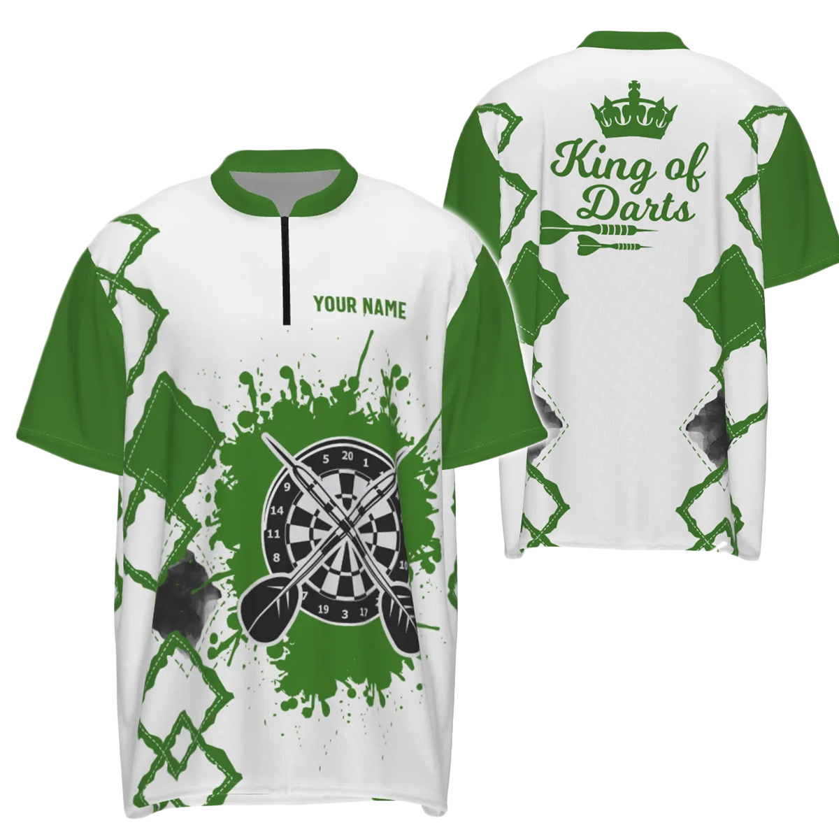 Groen en wit Darts shirt met kwartrits voor heren - Cool Darts Jersey, King of Darts W936