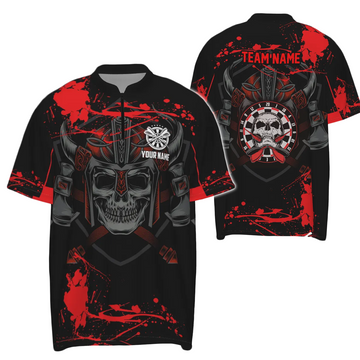 Op maat gemaakt rood dartshirt met krijgersschedel, dartshirt met 1/4 rits voor heren, Spooky Dart Jersey M816