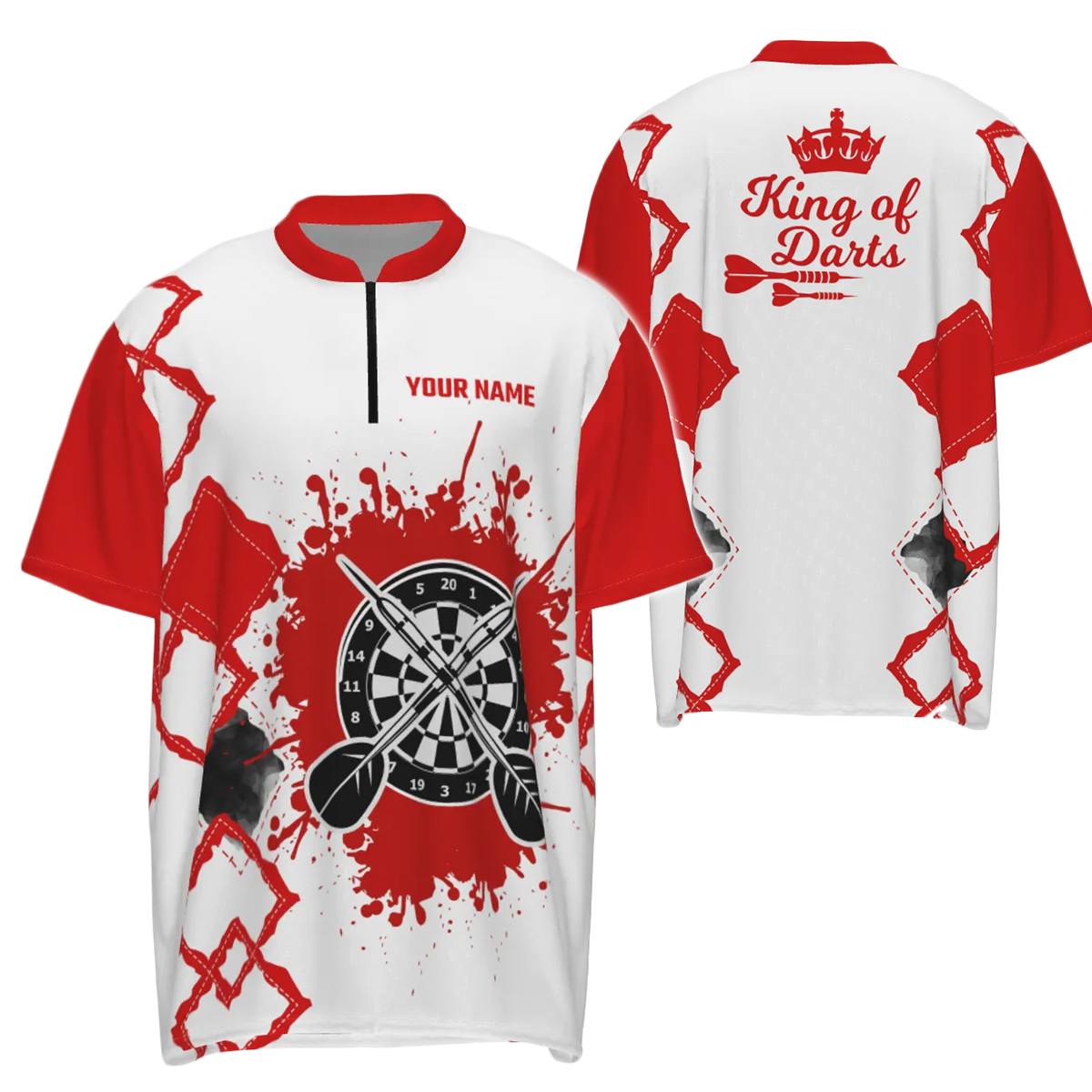 Rood en wit Darts shirt met kwartrits voor heren - Cool Darts Jersey E849