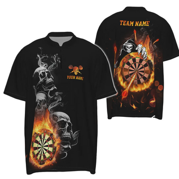 Dartshirt voor heren met Skull Flame Design, Dart Jersey met Fire Design R847 ritssluiting