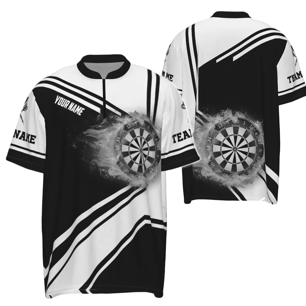 Men's Zip Shirt with Black and White Fire Flame Dartboard, Dart Jersey for Men H7289