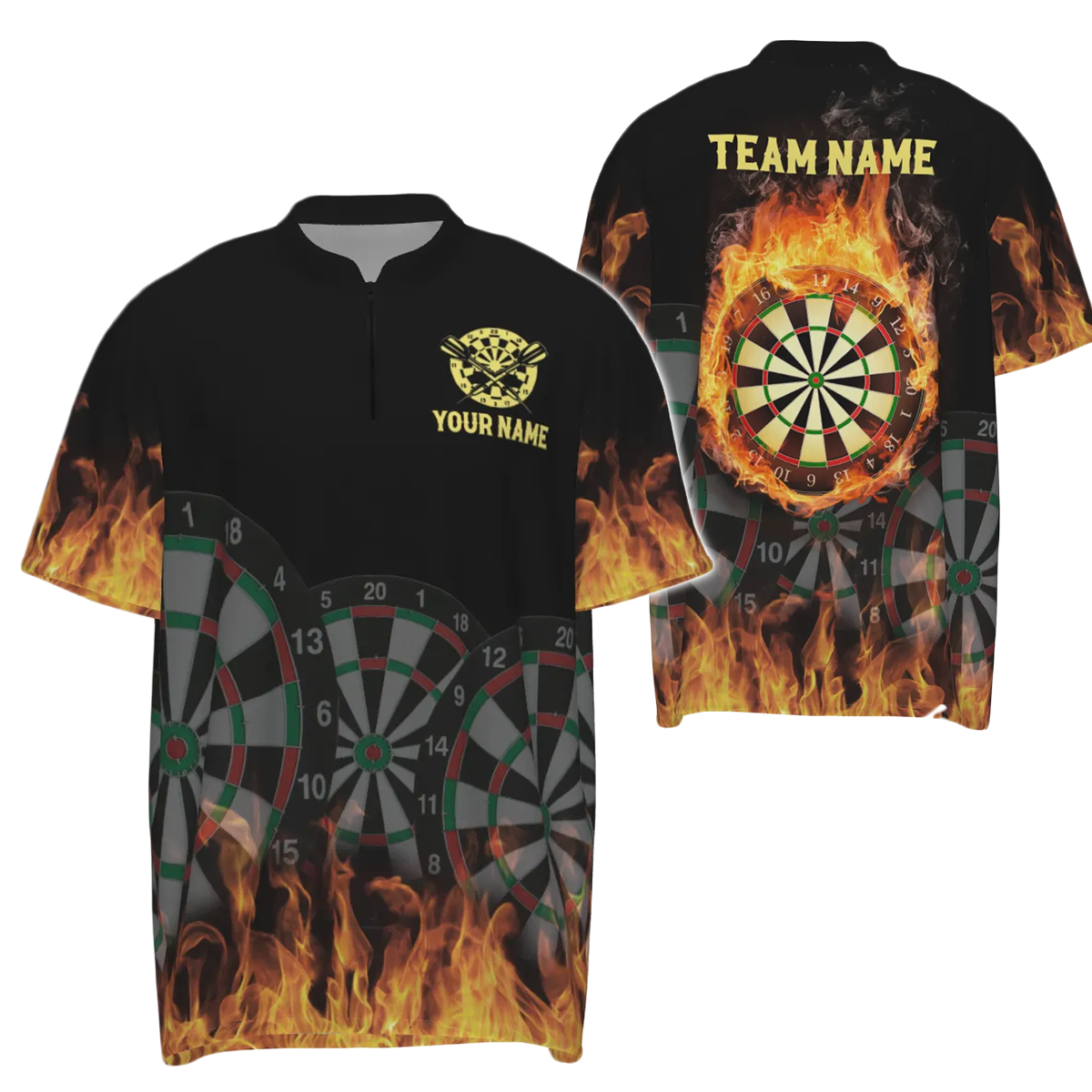 3D Fire Flames Darts shirt met kwartrits - Cool Darts Team shirt voor heren B245