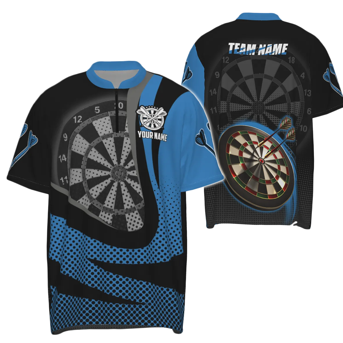 Zwartblauw 3D Darts shirt met kwartrits - Gepersonaliseerde Cool Darts Team Jersey voor heren x189 blauw