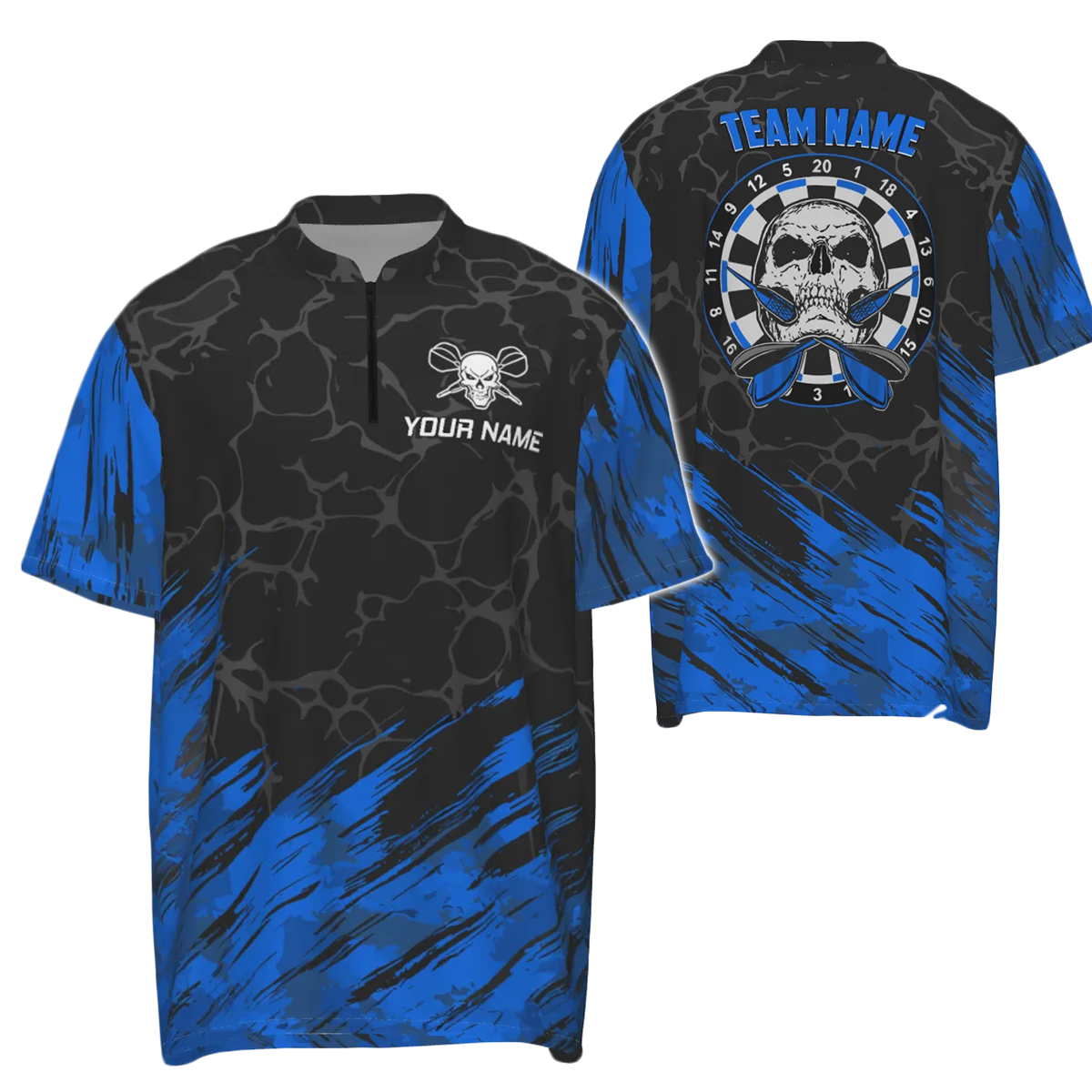 Dartshirt met schedelontwerp, dartshirt met 1/4 rits voor heren in marineblauw en zwart F916