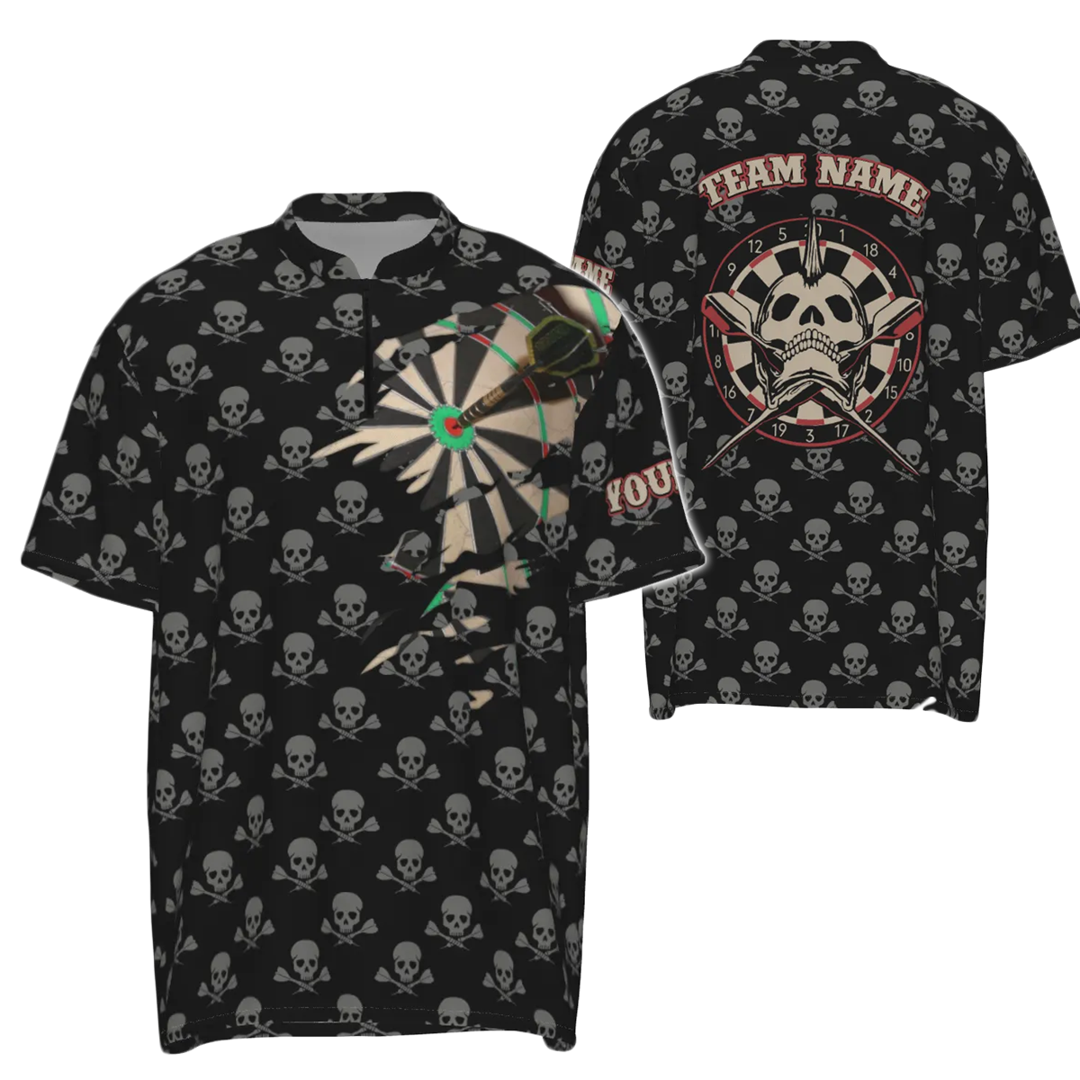 Dartshirt voor heren met schedelontwerp en gekruiste darts, Spooky Dart Jersey met 1/4 ritssluiting - H2341 ritssluiting