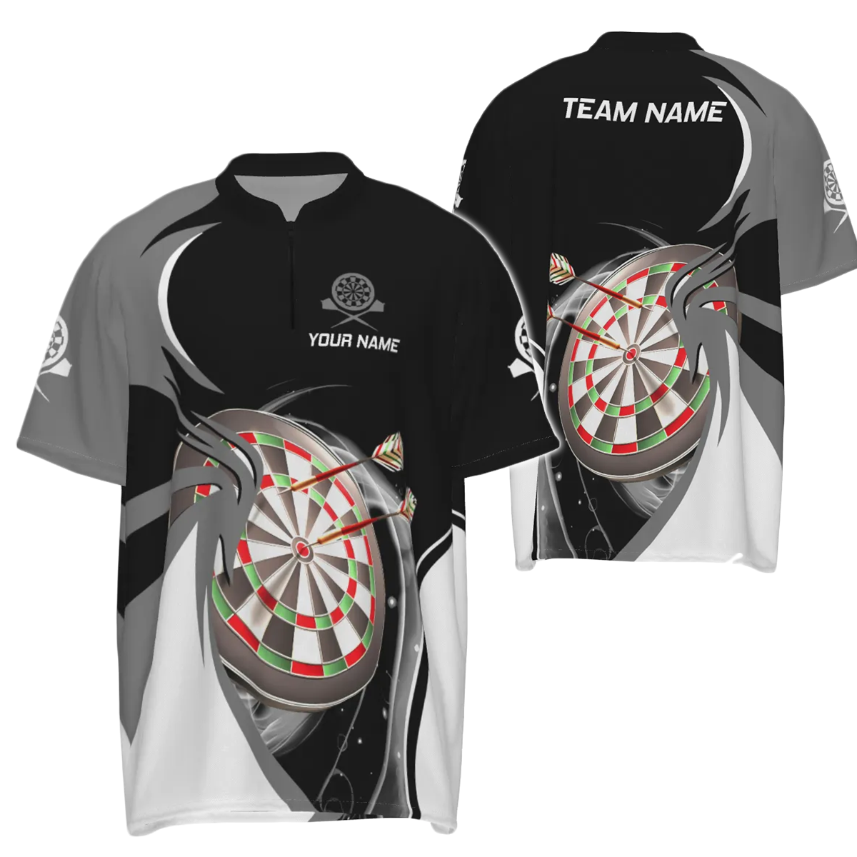 Grijs-zwart Dart shirt met 1/4 rits voor heren - Gepersonaliseerde Dart Jersey e5637z