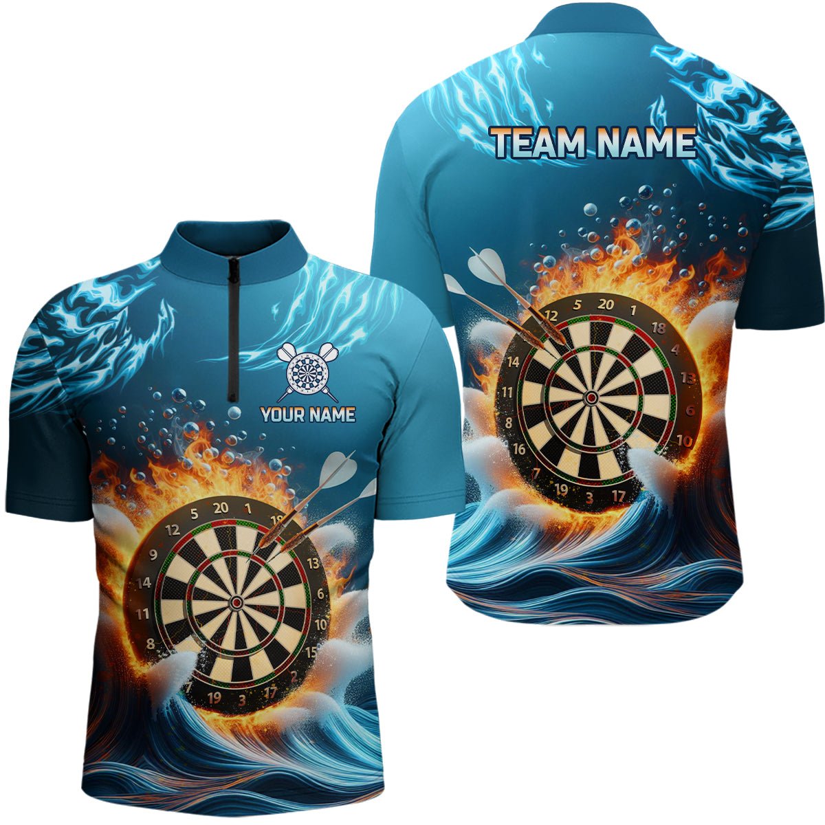 Feuer und Wasser Blaues Herren Darts Polo Shirt | Personalisiertes Darts Shirt für Männer | Dart Team Trikots L1427 - Outfitsuche