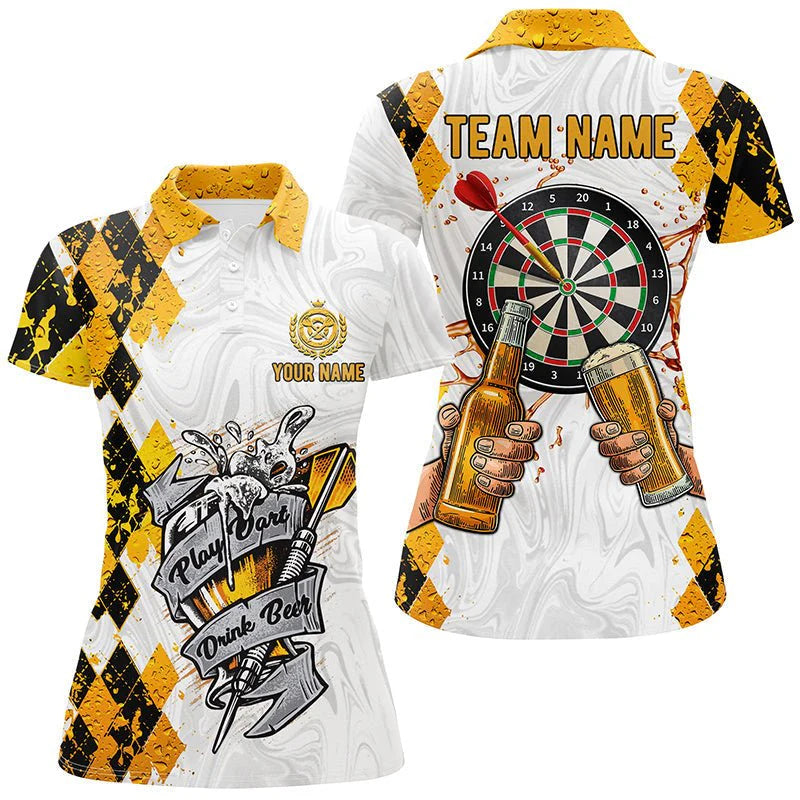 Darts Polo Shirt with 'Play Dart Drink Beer' Design, Argyle Pattern, for Women S49