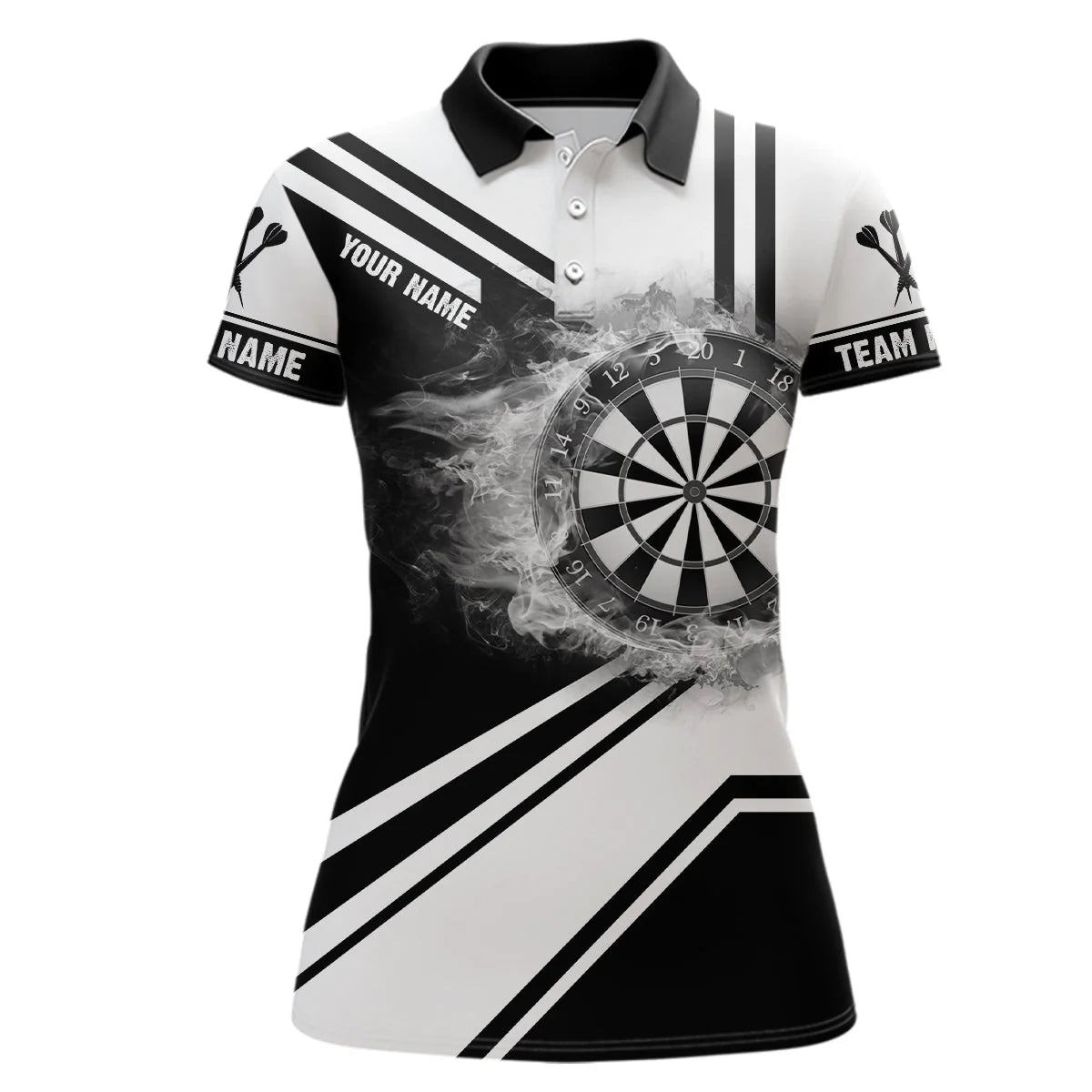 Black and White Fire Flames Dartboard Polo Shirt - Personalized Darts Jersey for Women H7289