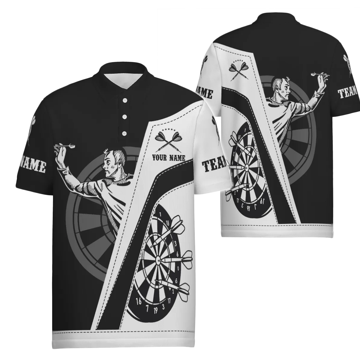 Dart-poloshirt voor heren met all-over print in zwart en wit - Dart-shirt voor heren D683