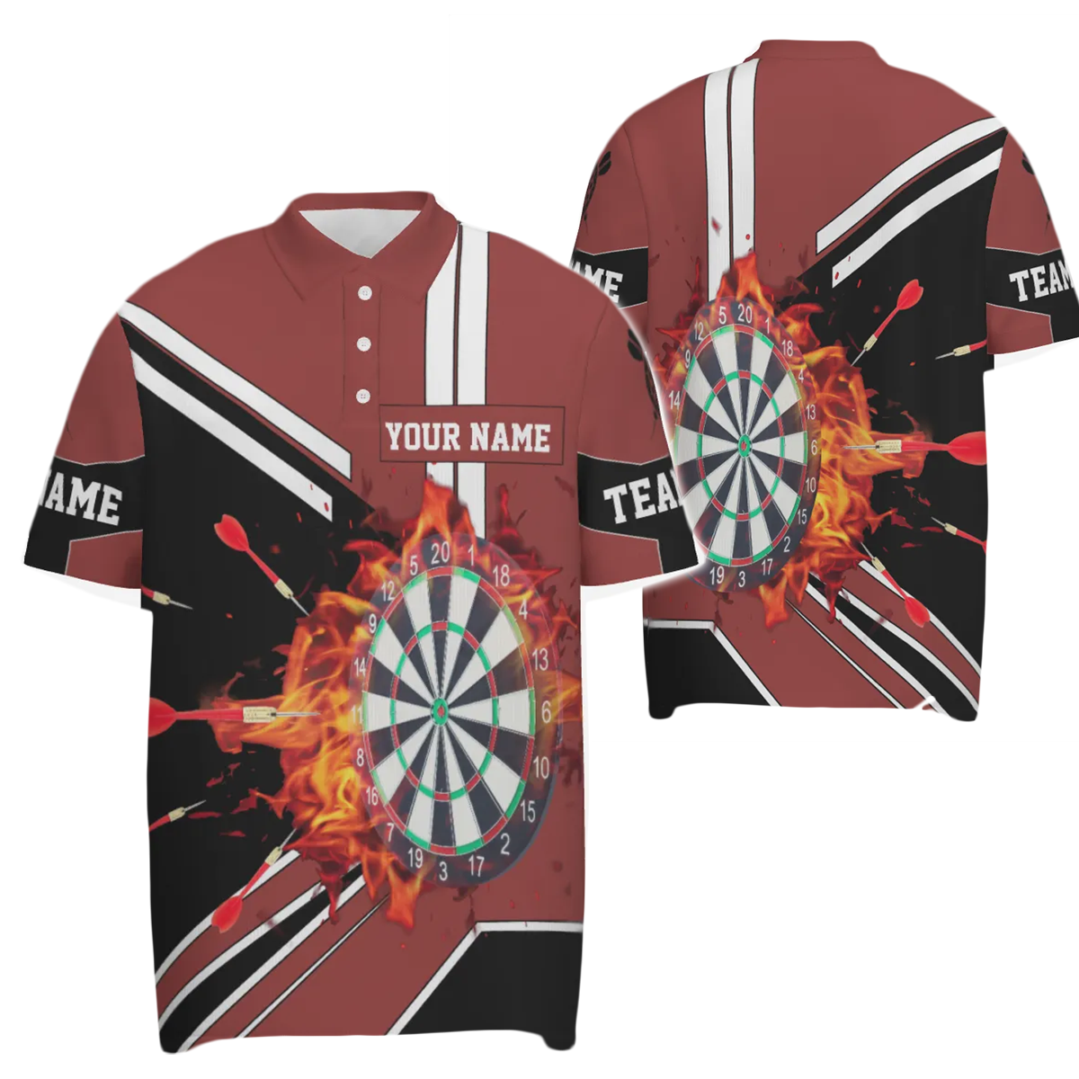 Black Men's Polo Shirt with Red Flames - Dartboard Fire Darts Shirt for Men - Dart Jersey L246