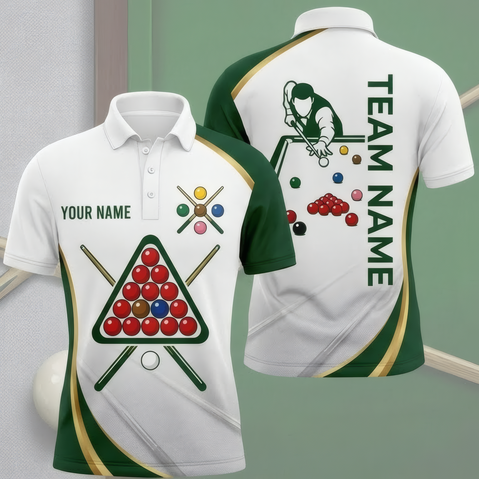 Personalised Snooker Jersey Polo and Zipper Green White Gold For Men Custom Snooker Shirt G2431 - Polo Women (Slim fit)