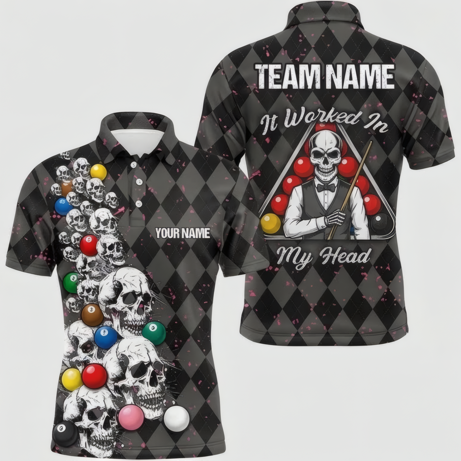 Personalised Skull Snooker Jersey Custom Polo and Zipper Black Grey For Men X7355 - Polo Women (Slim fit)