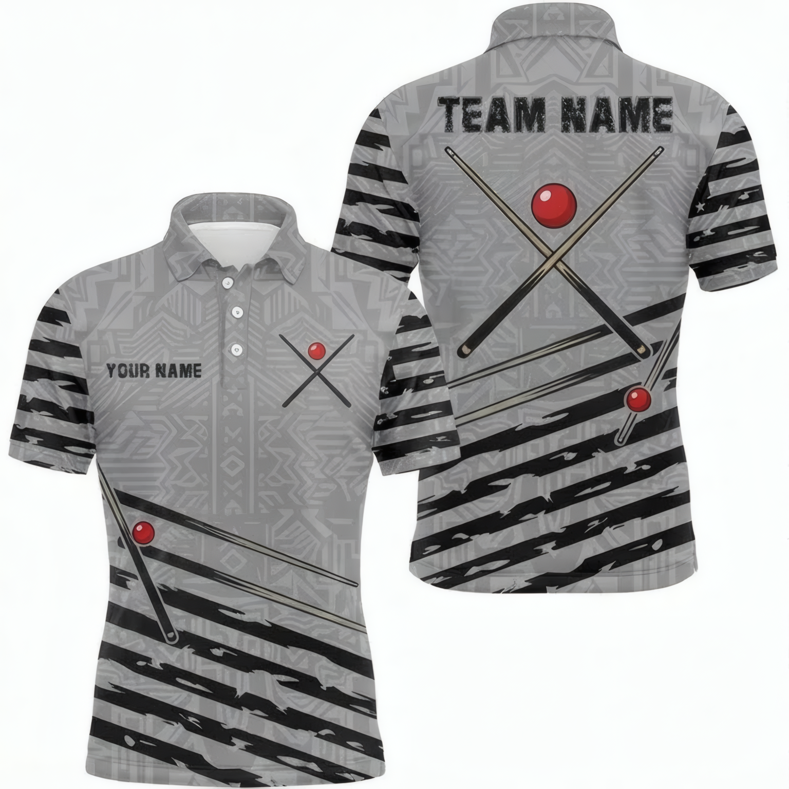 Personalised Tribal Geometric Snooker Jersey Polo and Zipper Grey Black For Men Custom Name Team Pool Shirt I8410 - Polo Women (Slim fit)