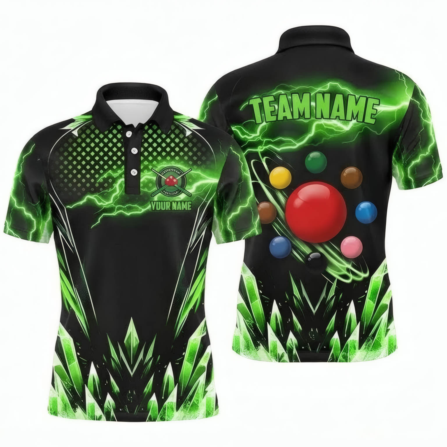 Personalised Green Lightning Snooker Jersey Polo and Zipper Black Green For Men K6741 - Polo Women (Slim fit)