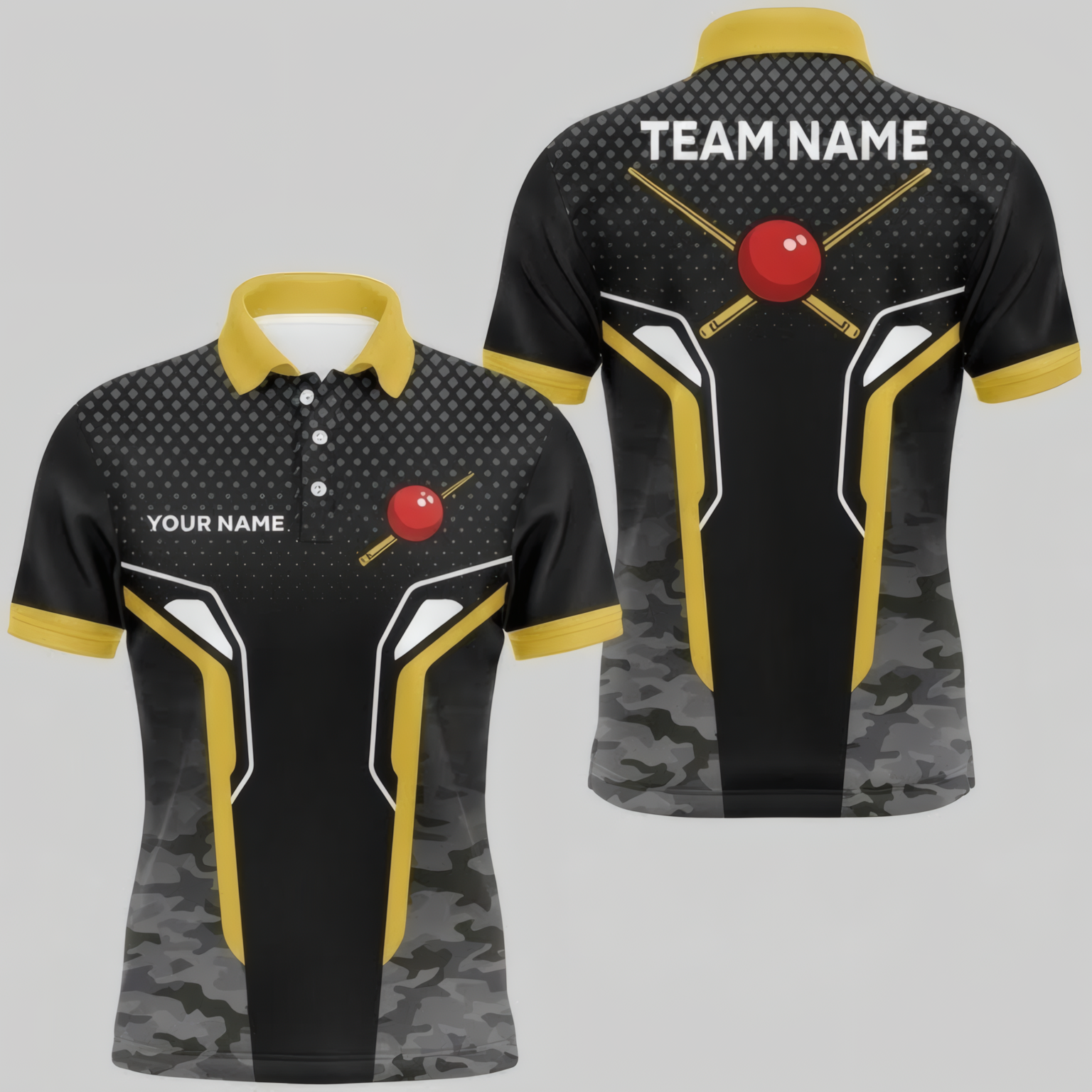 Personalised Camouflage Snooker Jersey Polo and Zipper Black Yellow For Men C1091 - Polo Women (Slim fit)