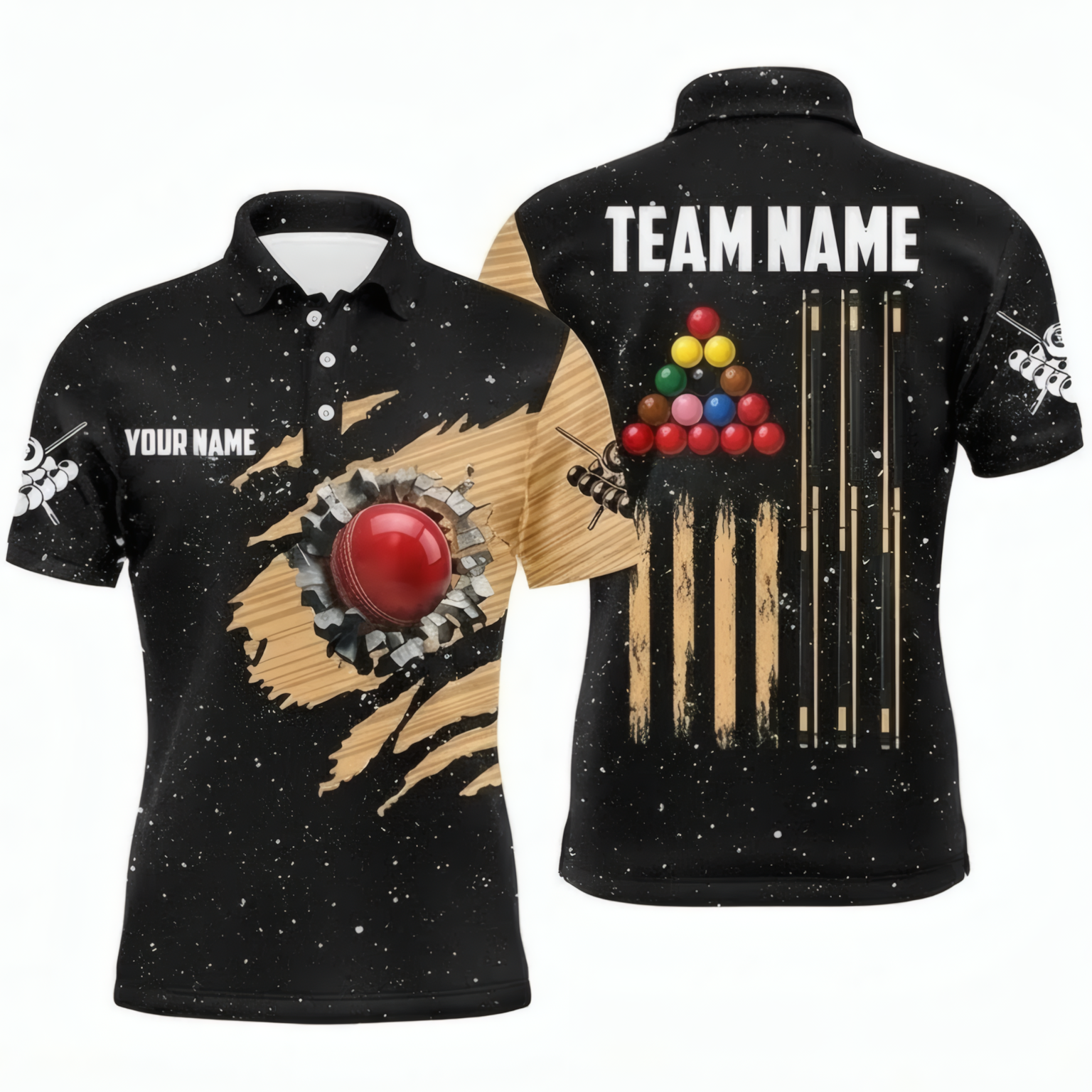 Personalised Snooker Cues and Wood Effect Jersey Polo and Zipper Black Tan For Men B9394 - Polo Women (Slim fit)
