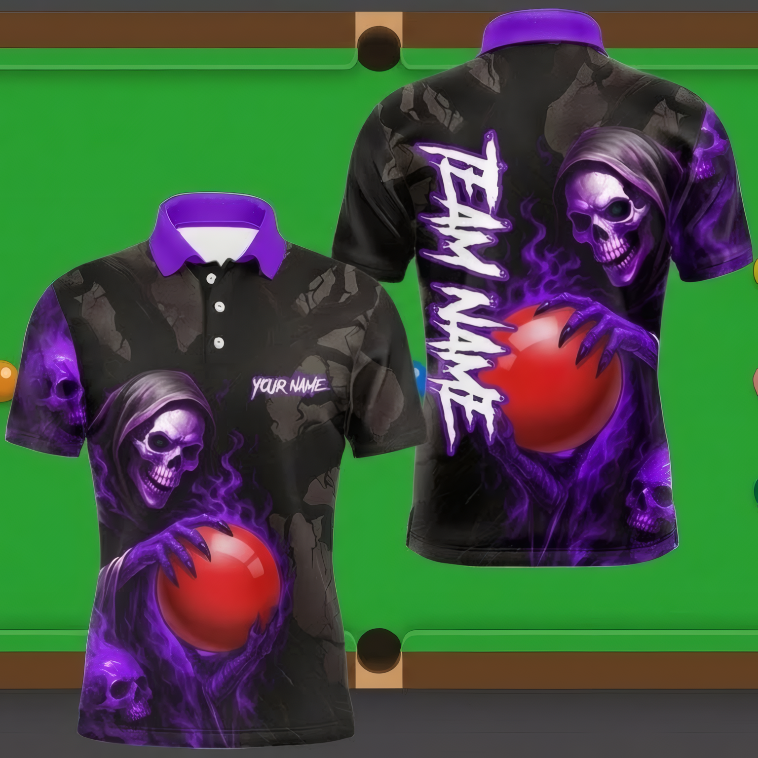 Personalised Grim Reaper Snooker Jersey Polo and Zipper For Men Custom Skeleton Shirt Purple Black O6817 - Polo Women (Slim fit)