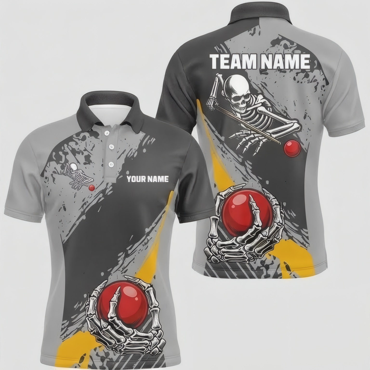Personalised Skeleton Skull Snooker Jersey Polo and Zipper Grey Black Yellow For Men R7026 - Polo Women (Slim fit)