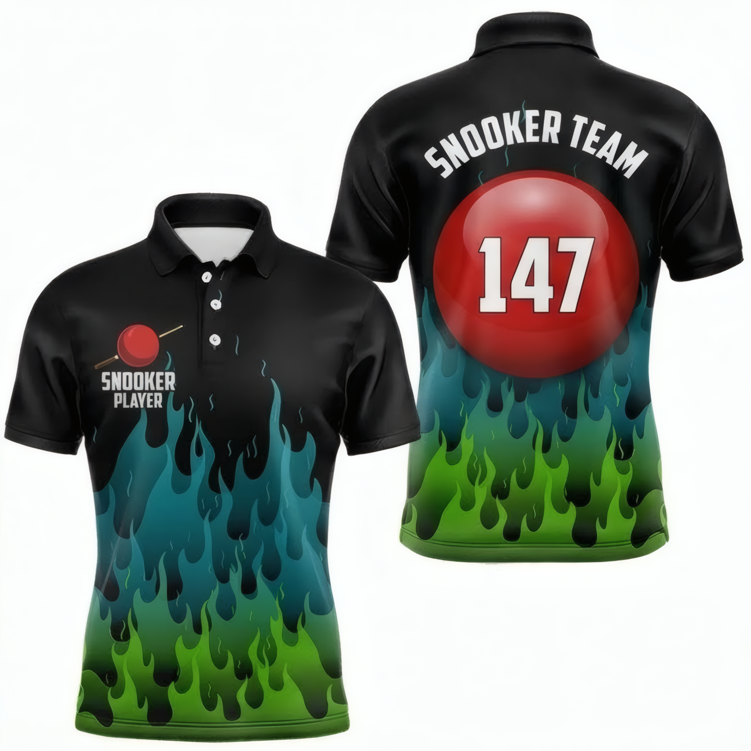 Personalised Green Blue Fire Flame Snooker Jersey Polo and Zipper Black for Men Custom 147 Design T0370 - Polo Women (Slim fit)
