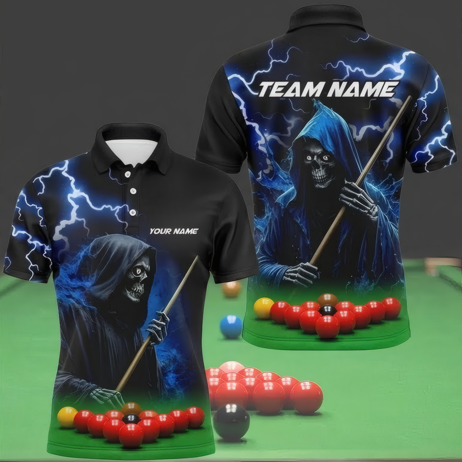 Personalised Grim Reaper Snooker Jersey Polo and Zipper Blue Lightning Black For Men Y7725 - Polo Women (Slim fit)